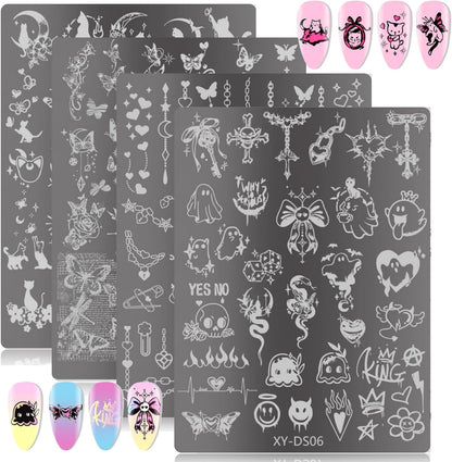 Grospe 4Pcs Gothic Cute Nail Stamping Plate Set front view displaying four stainless steel templates with dark kawaii designs