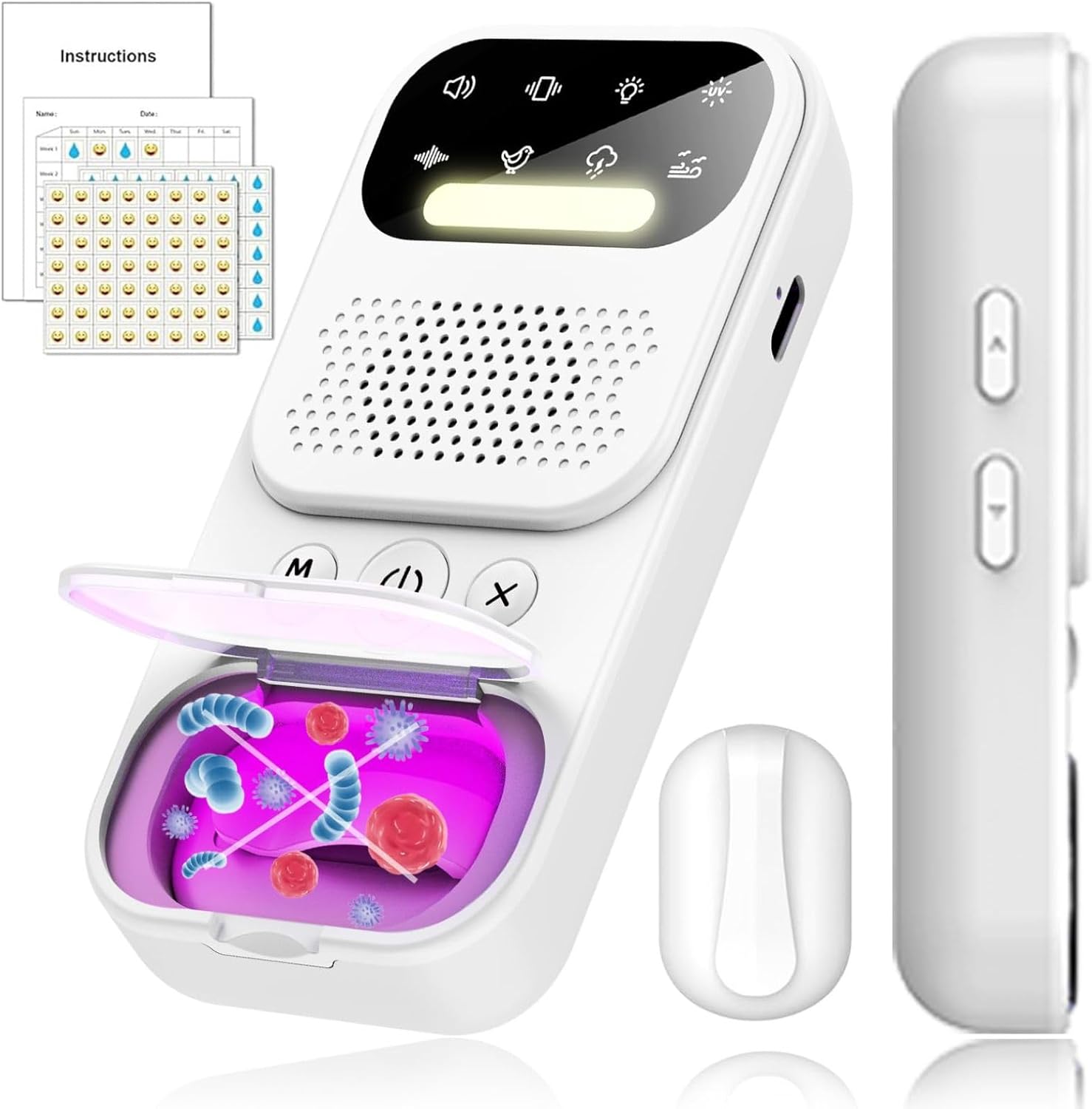 XINGZUAN wireless bedwetting alarm front view with white receiver and transmitter.