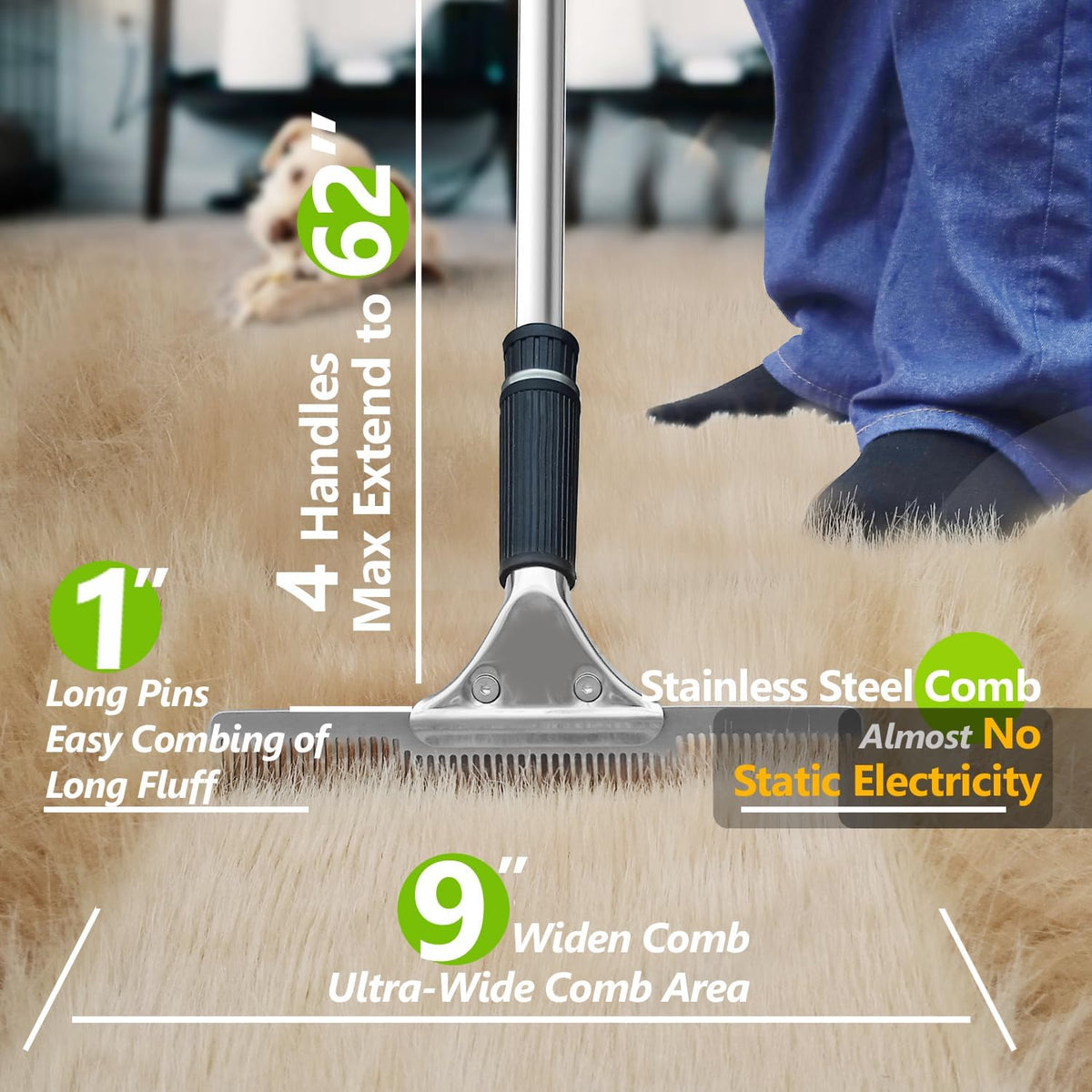 Close up of 1.5 inch stainless steel teeth on Zemozen carpet rake