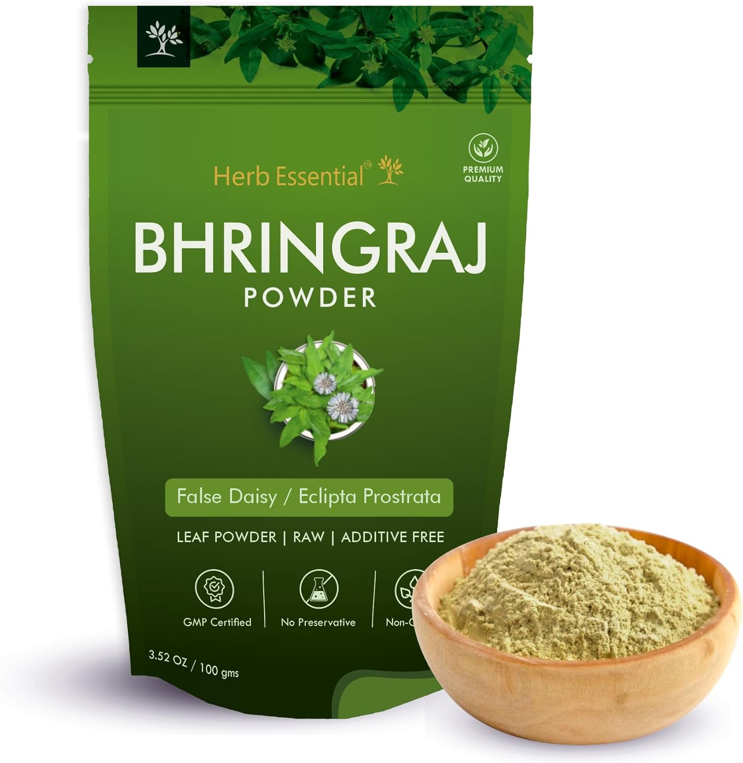 Herb Essential Organic Bhringraj Powder 100g pouch front view for hair growth.