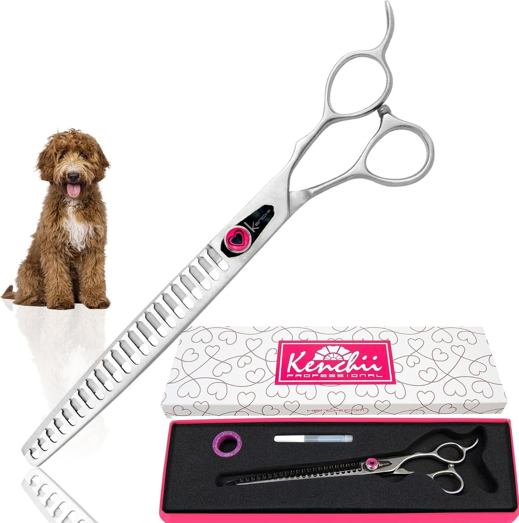 Professional pet grooming scissors by Kenchii showing the comfortable finger inserts.