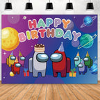 Adval Among Us theme birthday party backdrop decoration front view showcasing colorful game characters and happy birthday text banner