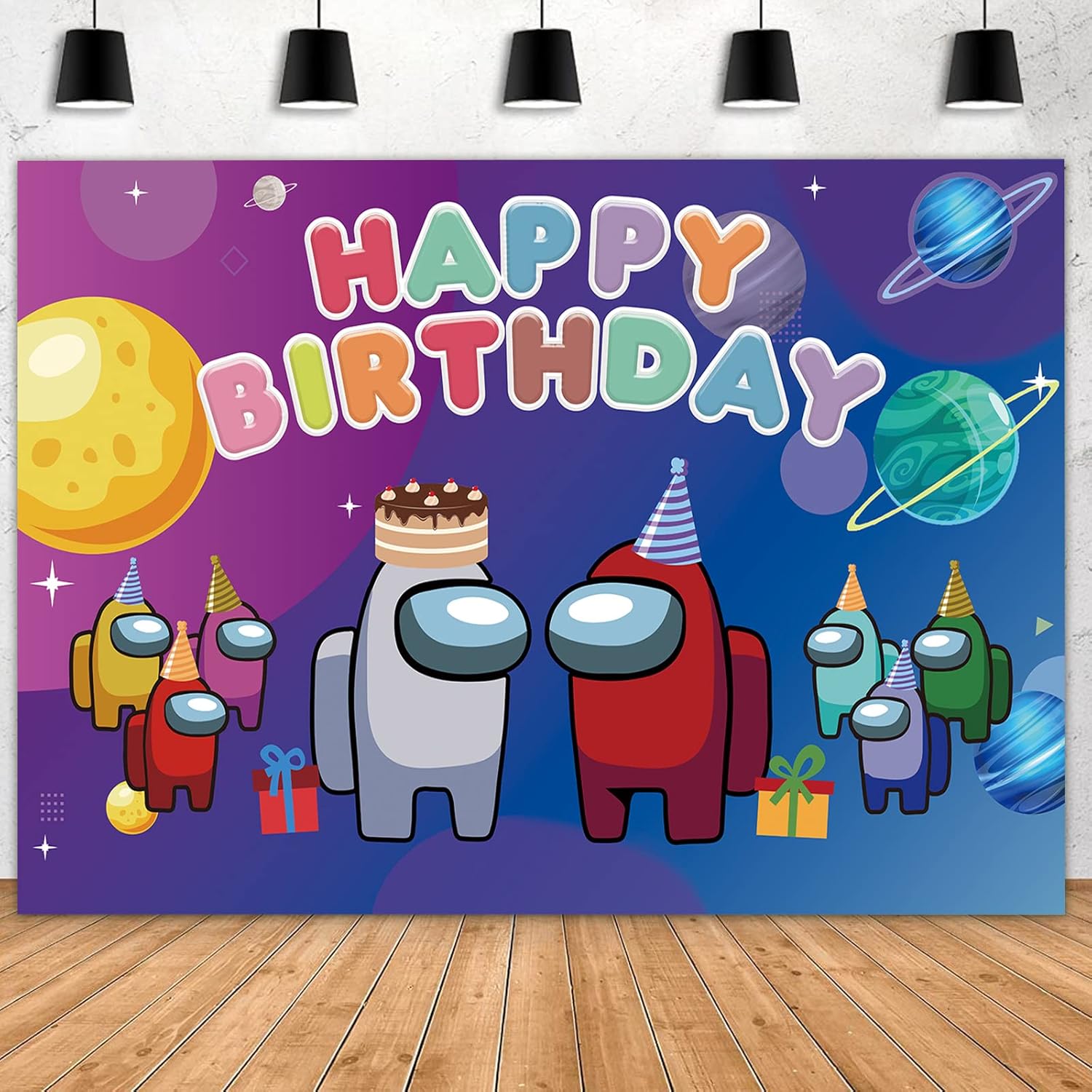 Adval Among Us theme birthday party backdrop decoration front view showcasing colorful game characters and happy birthday text banner