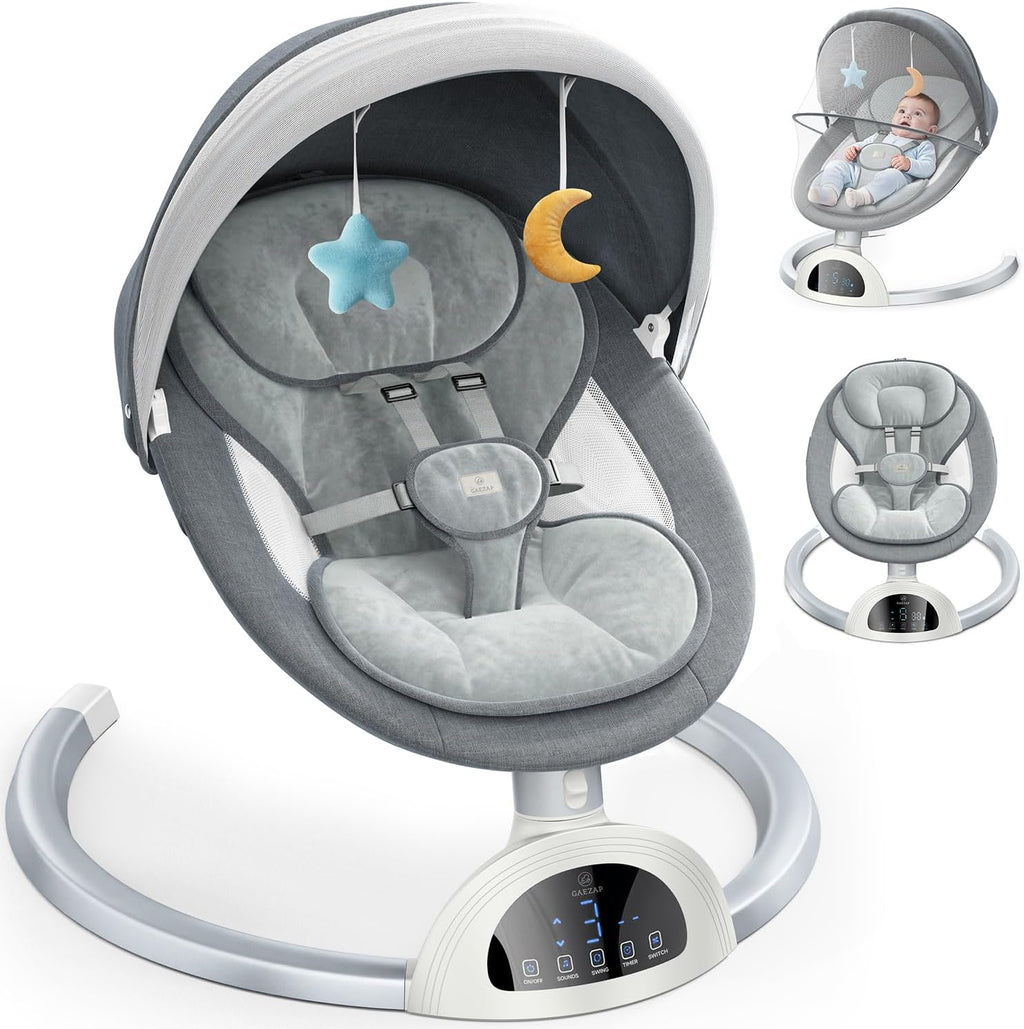 Gaezap electric baby swing front view in white with cushioned seat and hanging toys