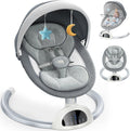 Gaezap electric baby swing front view in white with cushioned seat and hanging toys