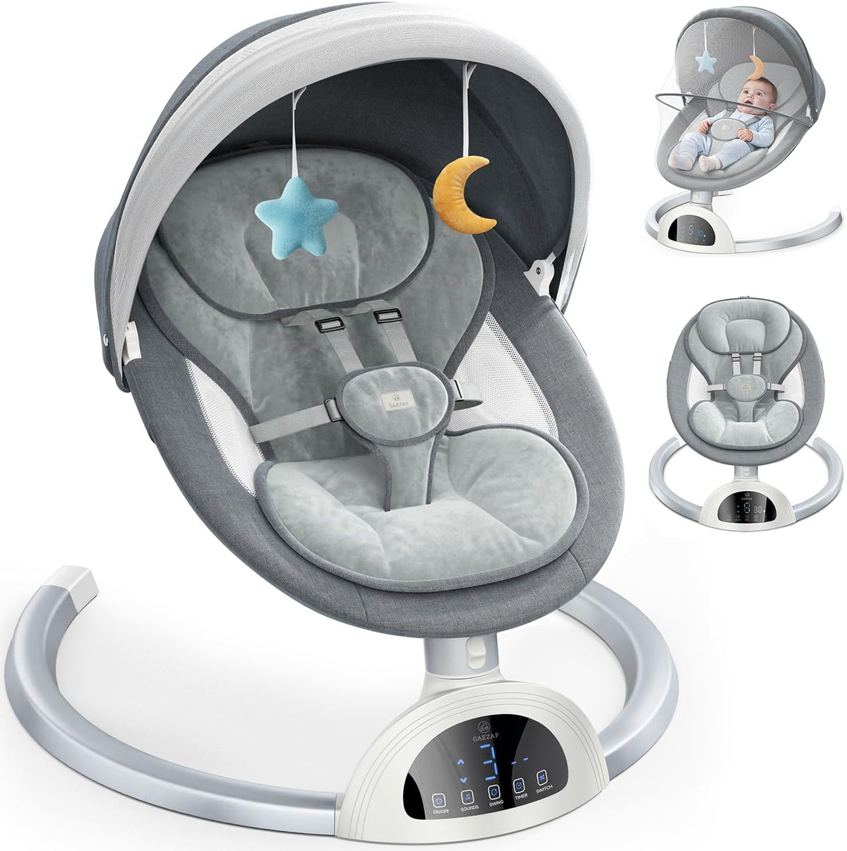 Gaezap electric baby swing front view in white with cushioned seat and hanging toys