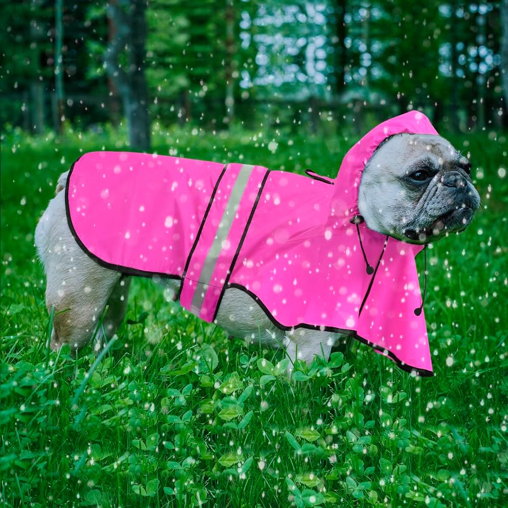 Ezierfy adjustable pet rain jacket side view displaying the secure belly straps and reflective strips.