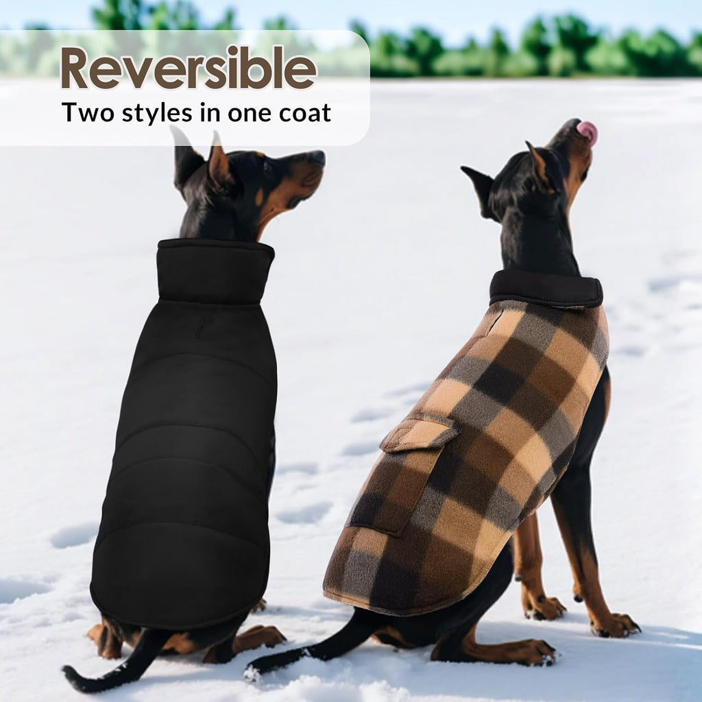 ASENKU large breed pet coat back view highlighting the built in functional treat pocket.