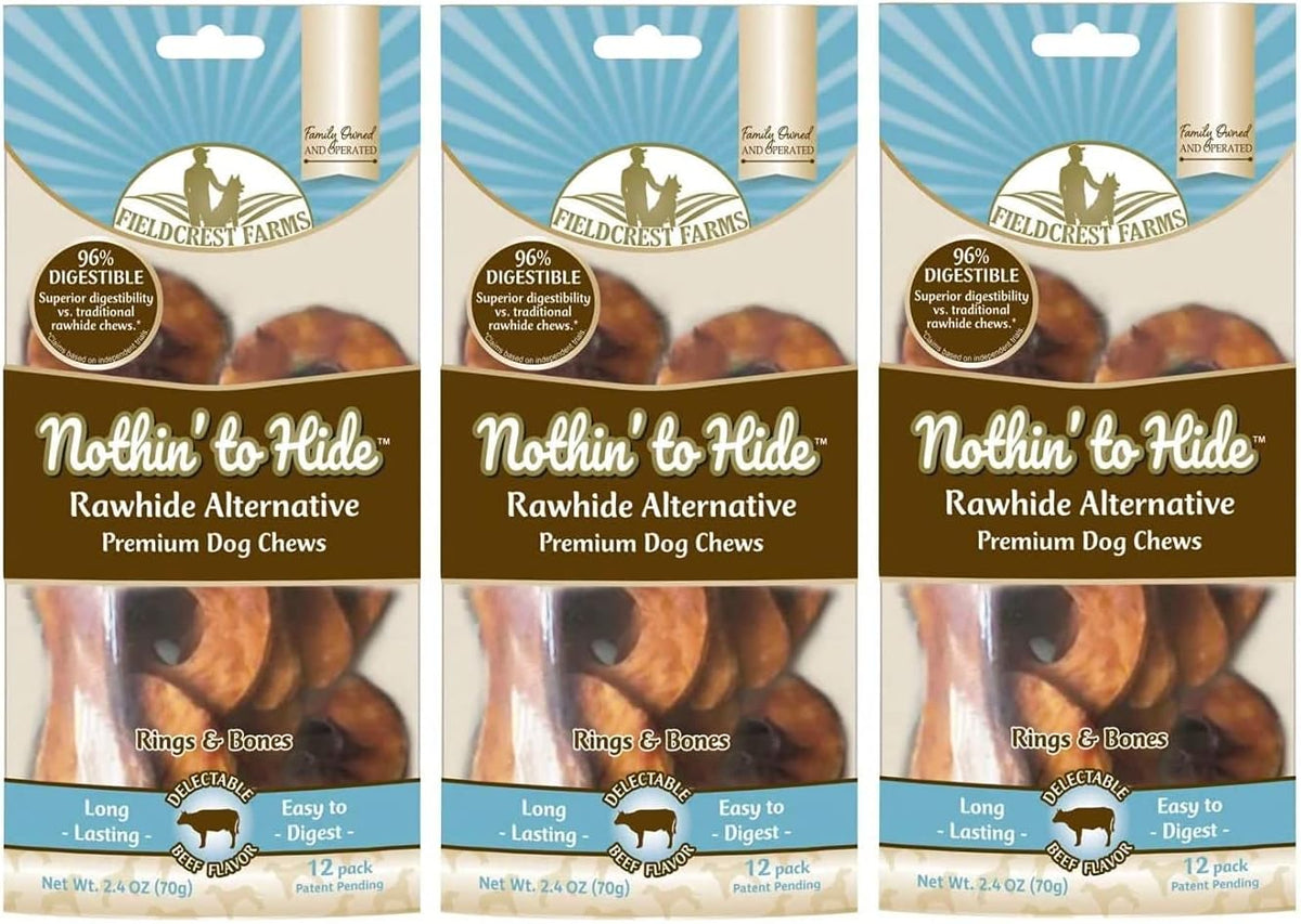 Close up view of Fieldcrest Farms chicken flavored rings and bones pet treats.