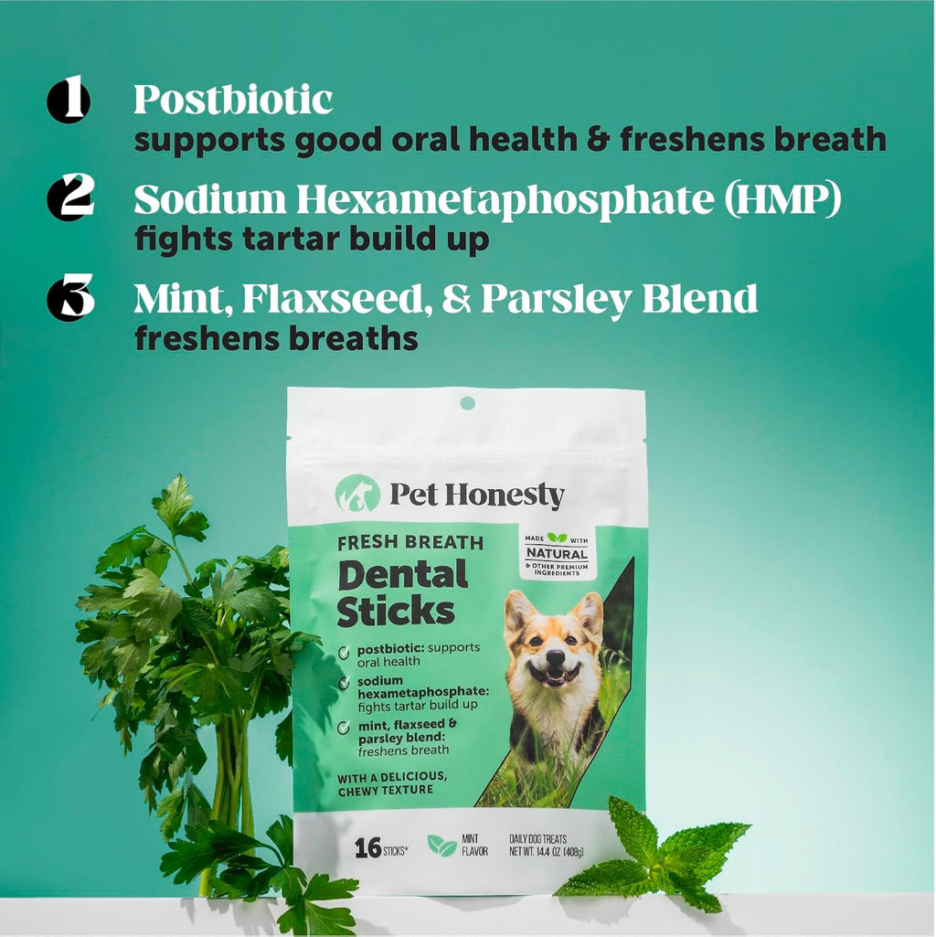 Pet Honesty 16 count dental stick packaging details