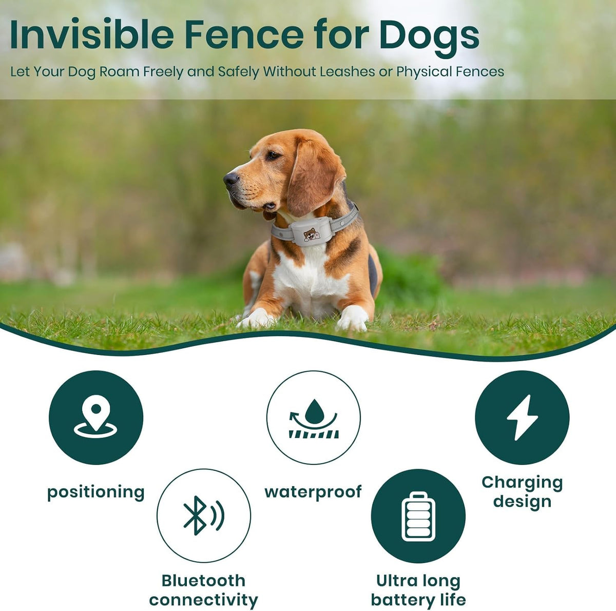 PetSafe smart pet containment collar displaying waterproof charging port and adjustable strap