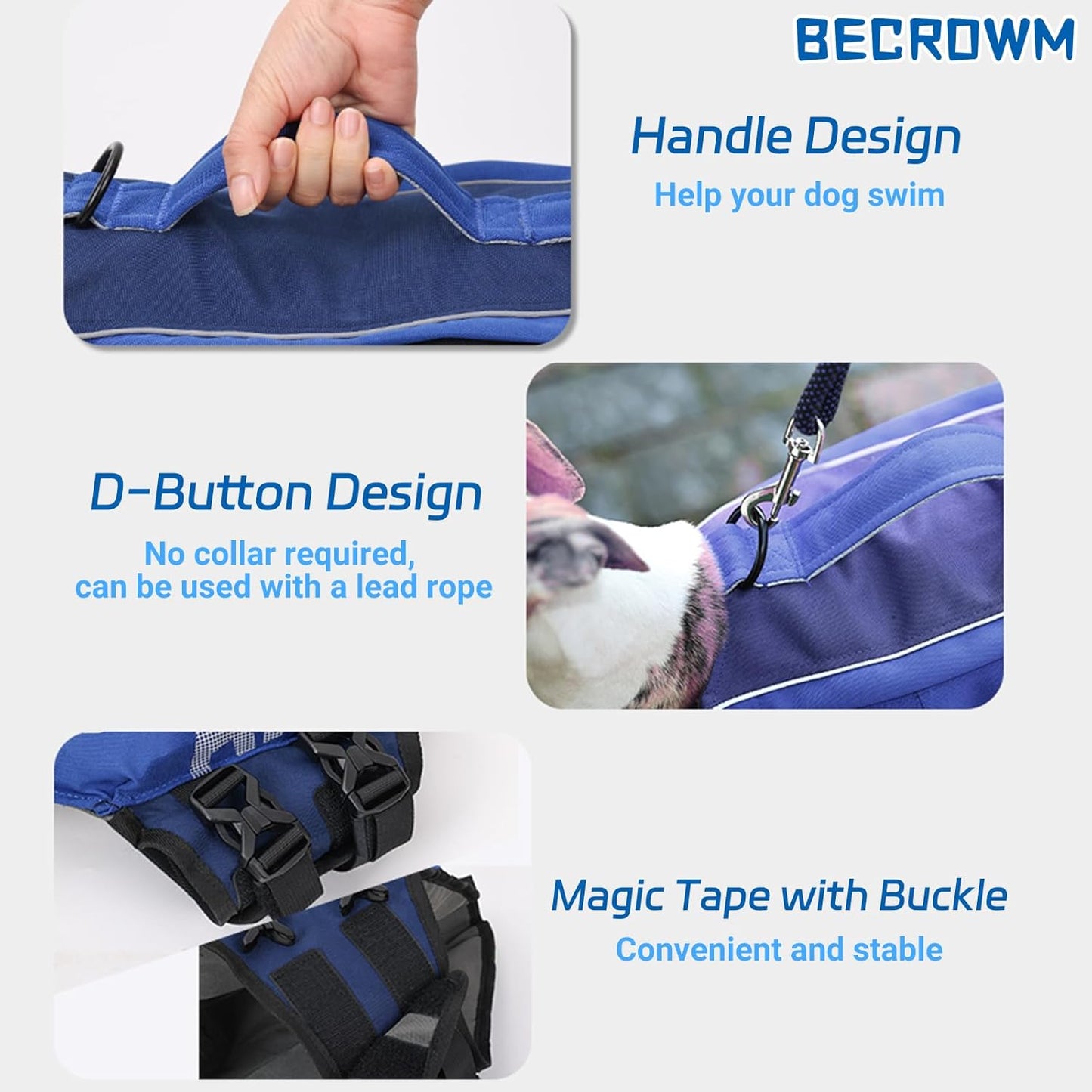 High buoyancy dog life preserver with reflective stripes in low light.