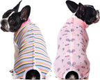 Two pieces of Miaododo medium dog surgical onesie laid flat