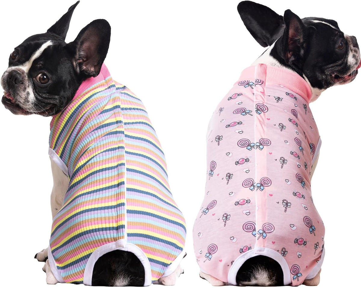 Two pieces of Miaododo medium dog surgical onesie laid flat