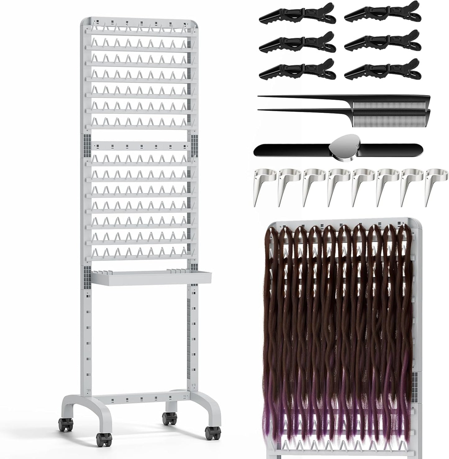 Sunnacate 280 pegs braiding hair rack front view showing double sided metal frame setup with extension organizer tools.