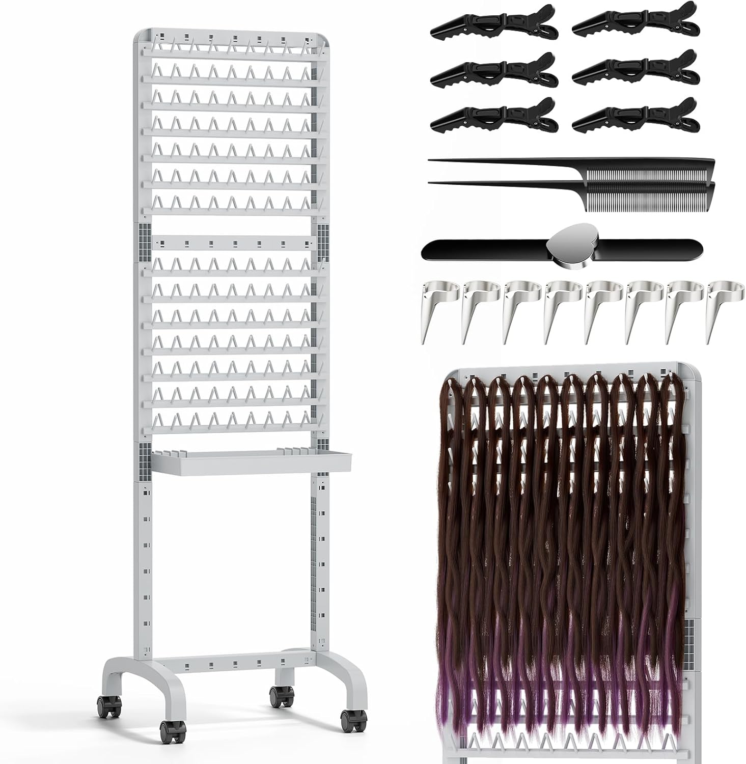 Sunnacate 280 pegs braiding hair rack front view showing double sided metal frame setup with extension organizer tools.