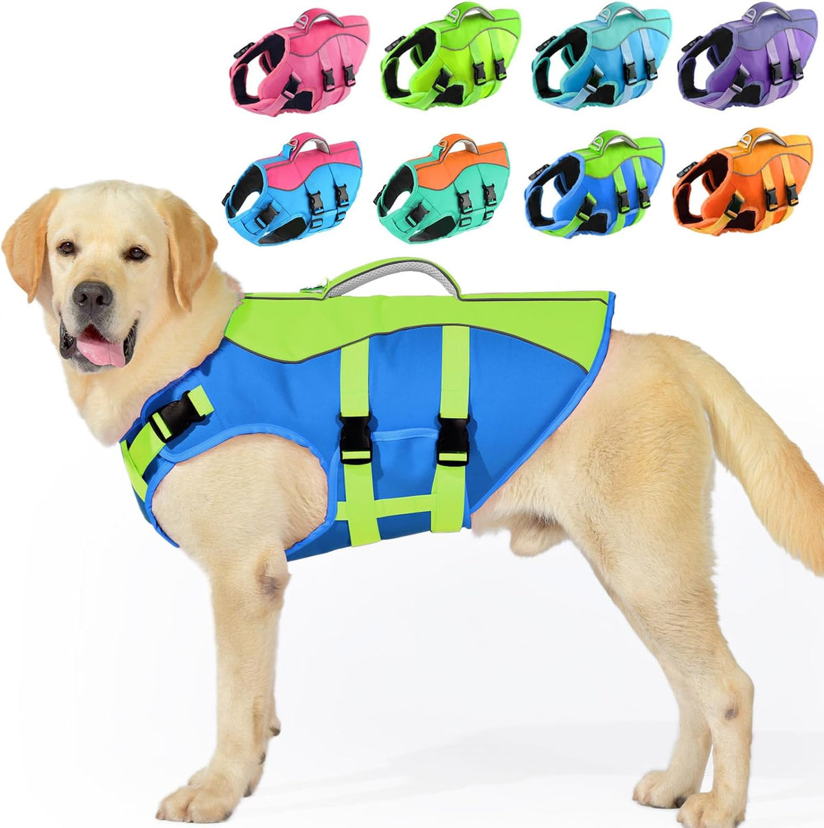 Large dog floating vest showing the secure underbelly fastening system