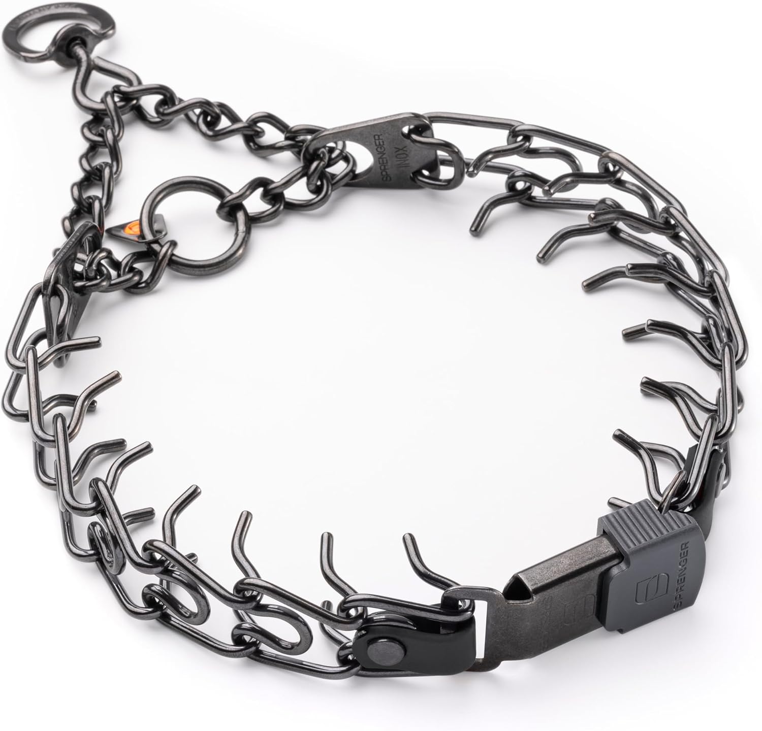 Herm Sprenger Black Stainless Steel Prong Collar front view showcasing the quick release ClicLock buckle.