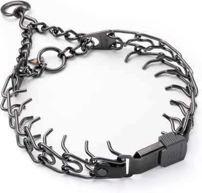 Herm Sprenger Black Stainless Steel Prong Collar front view showcasing the quick release ClicLock buckle.