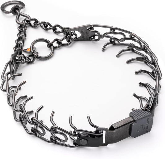 Herm Sprenger Black Stainless Steel Prong Collar front view showcasing the quick release ClicLock buckle.