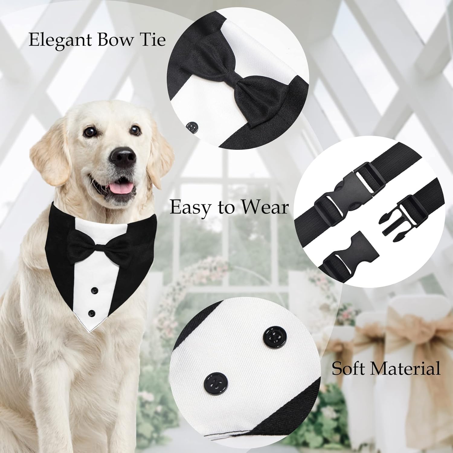 GOYOSWA adjustable black and white dog tuxedo bandana showing quick release buckle mechanism