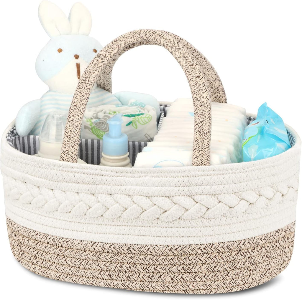 Maliton cotton rope diaper caddy front view on changing table