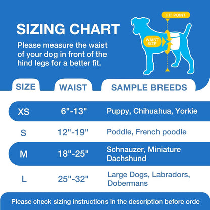 Dono disposable pet diapers package size guide chart highlighting the 12 to 19 inch waist fit