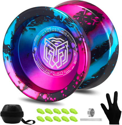 Yoyostudio H17 professional metal yoyo front view in black blue and pink