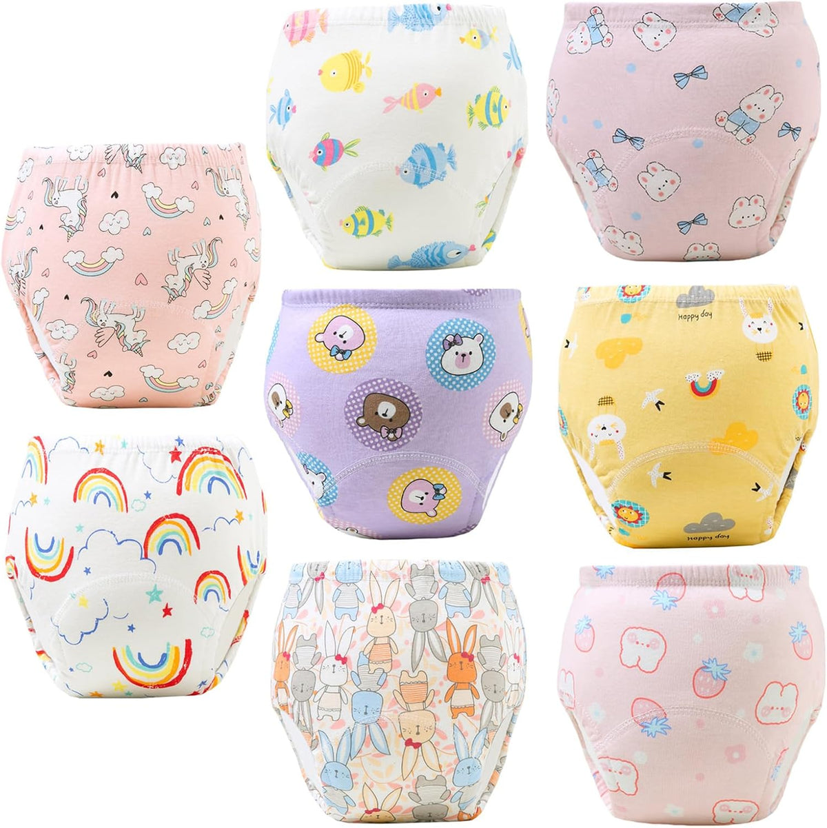 Bembika Upairy potty training pants 8 pack small front view showcasing colorful character prints for toddler boys and girls.