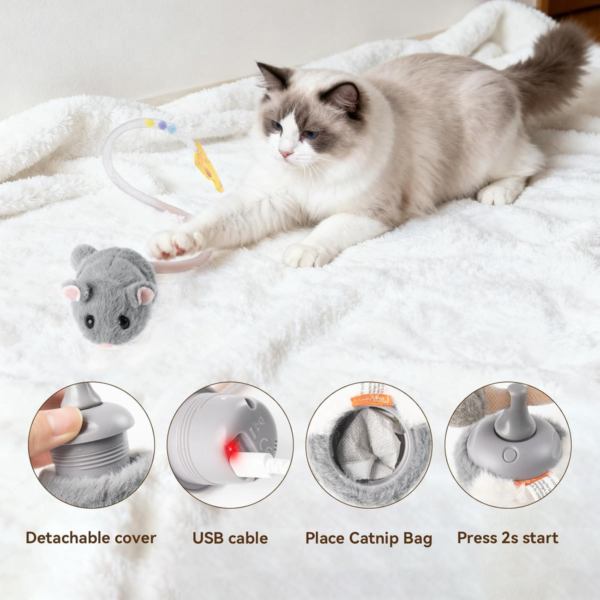 The complete packaging contents including the grey MigiMouse, USB cable, and catnip accessory.