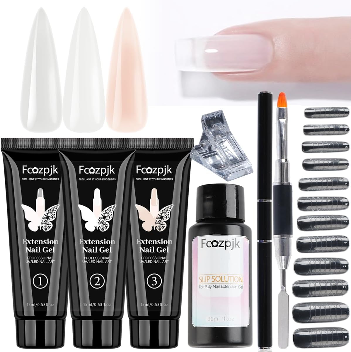 Fcozpjk poly extension gel nail kit front view with gel tubes and tools.