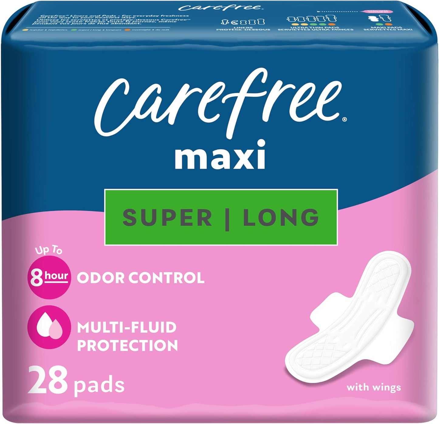 Carefree Maxi Super Long Pads 28 count front packaging view