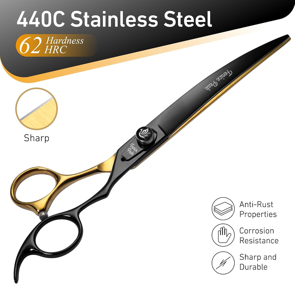Fenice Peak curved pet trimming shears showcasing the ergonomic offset handle design