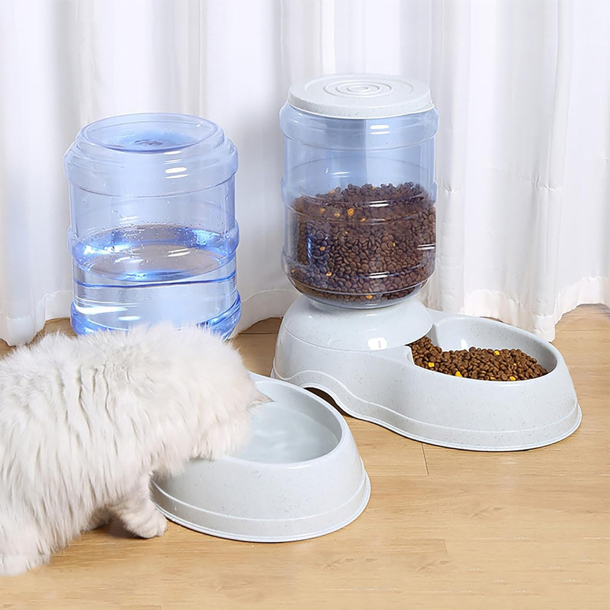 Leptzoa grey speckled design automatic gravity feeder setup in a home kitchen environment
