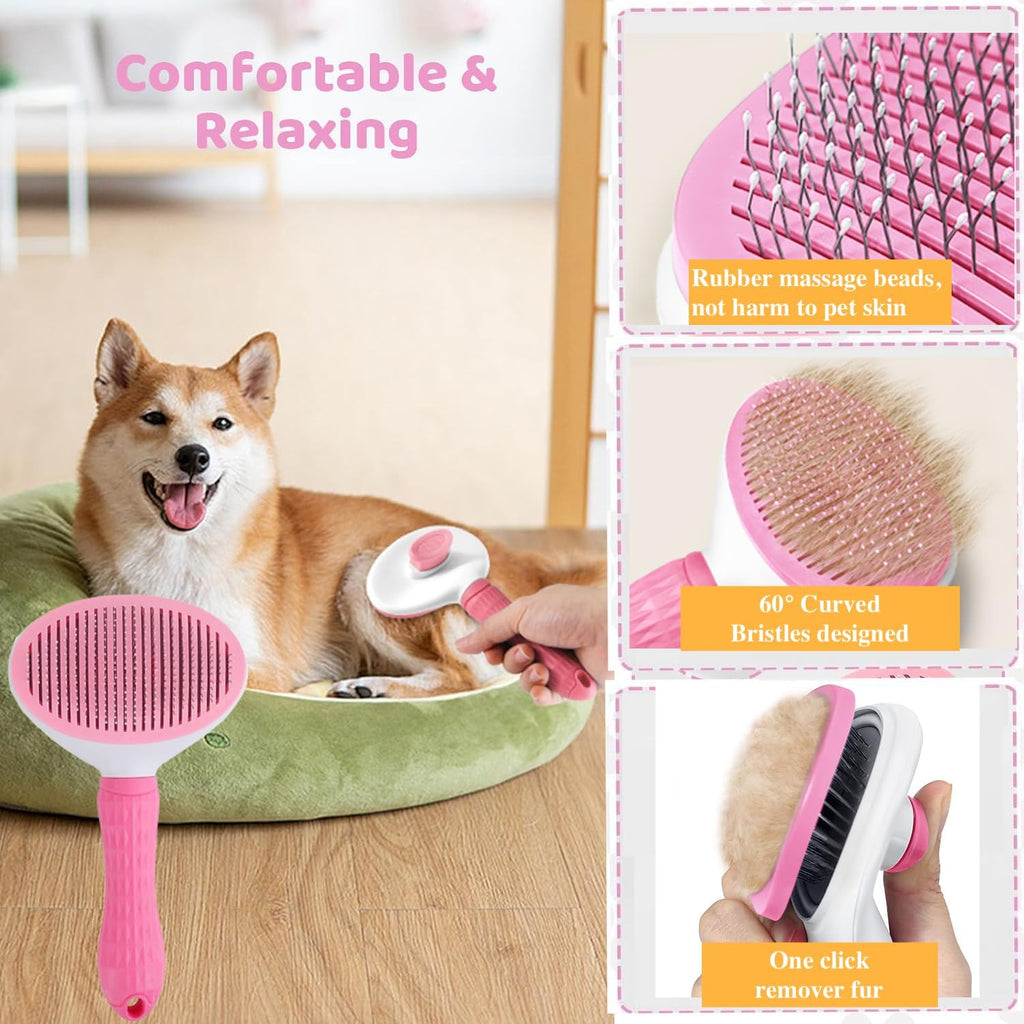 Pink self cleaning slicker brush with one click hair release button