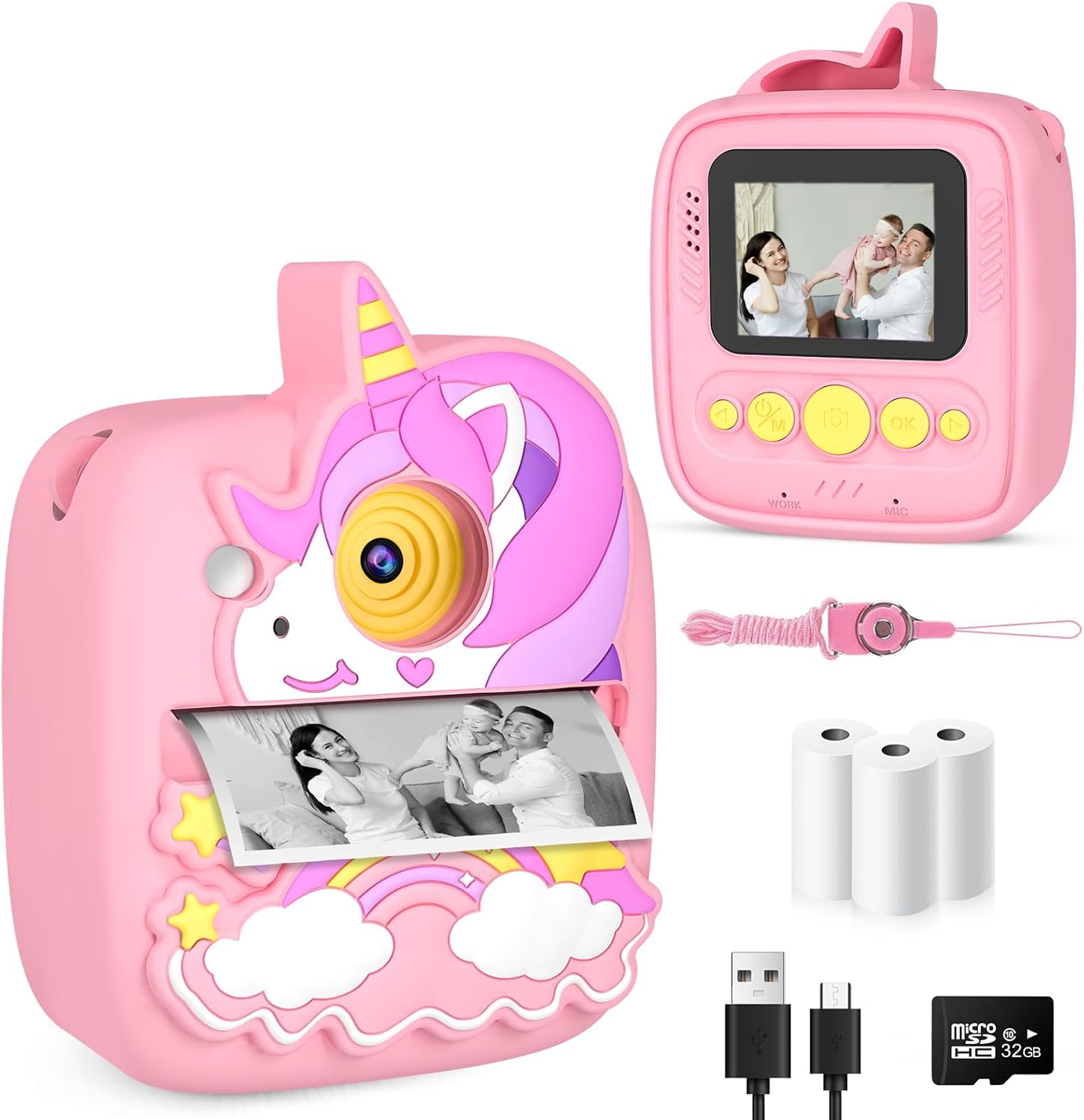 Yingoot kids instant print camera front view pink unicorn design child photography toy