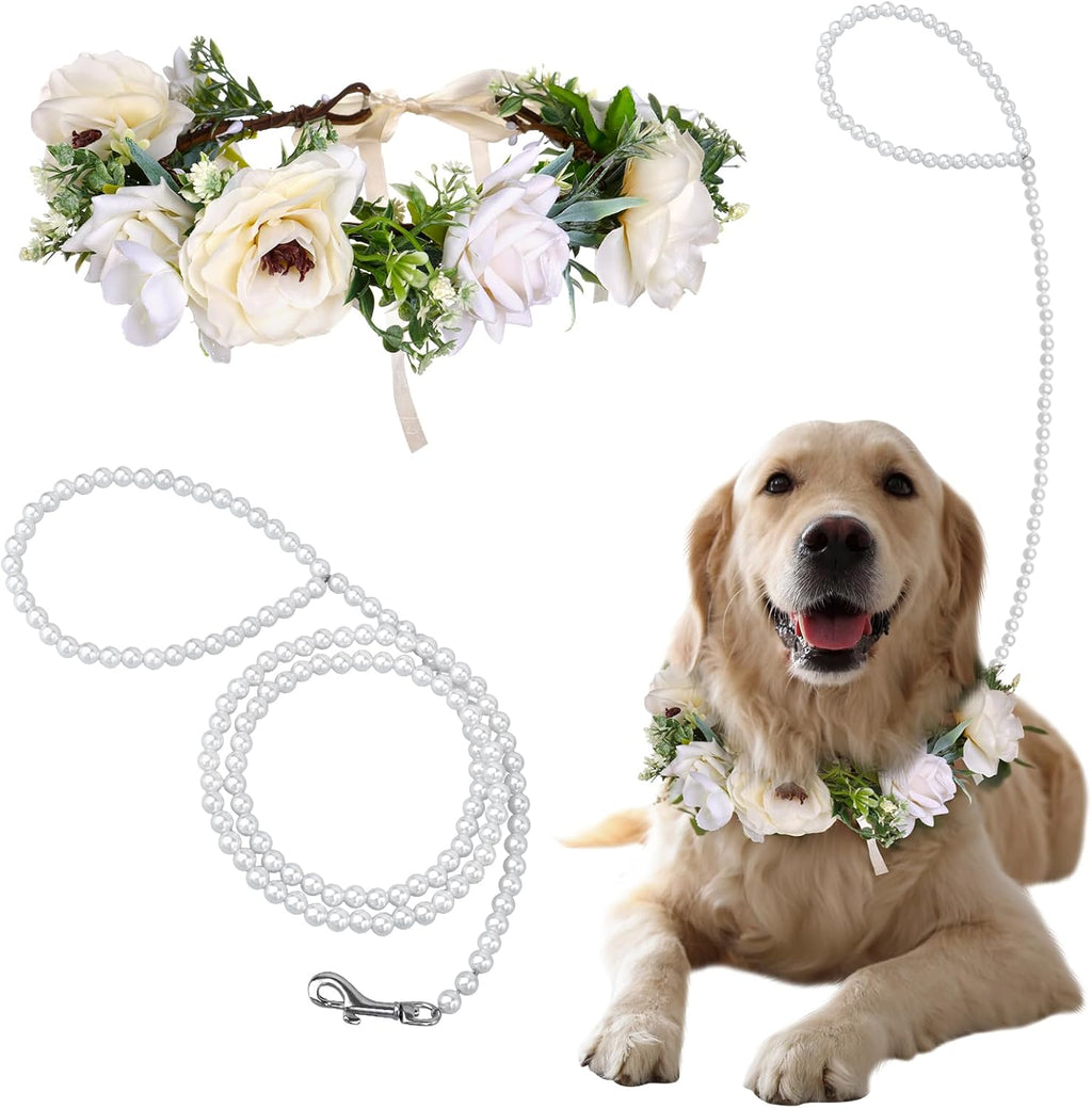 Haiabei Pearls Dog Wedding Collar and Leash Set front view