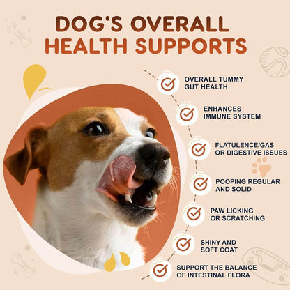 Six billion colony-forming units dog probiotic chewables by Zebora for relieving pet gas.
