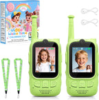 FieGsom kids video walkie talkies front view showing lime green casing and two inch screen.