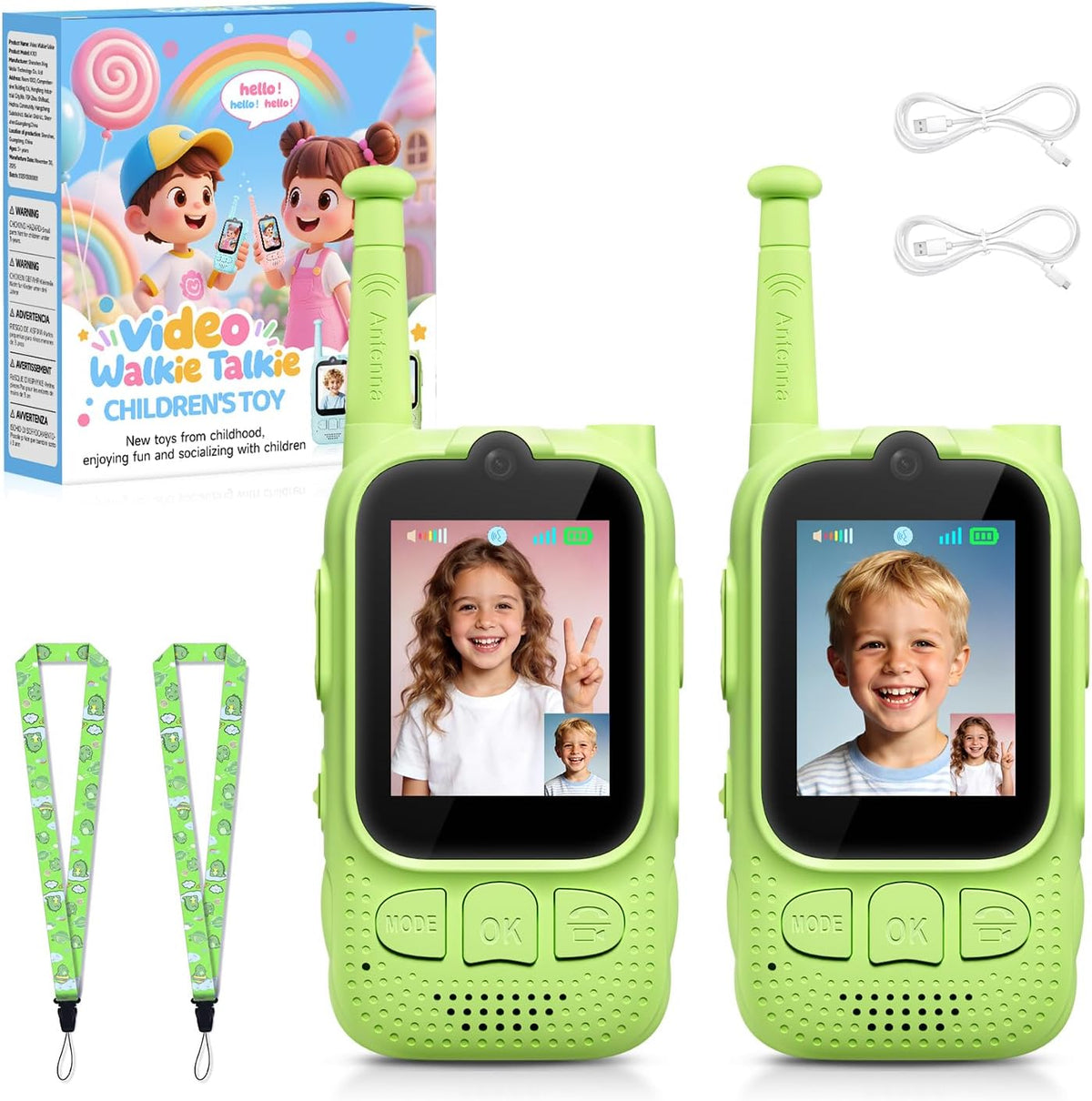 FieGsom kids video walkie talkies front view showing lime green casing and two inch screen.