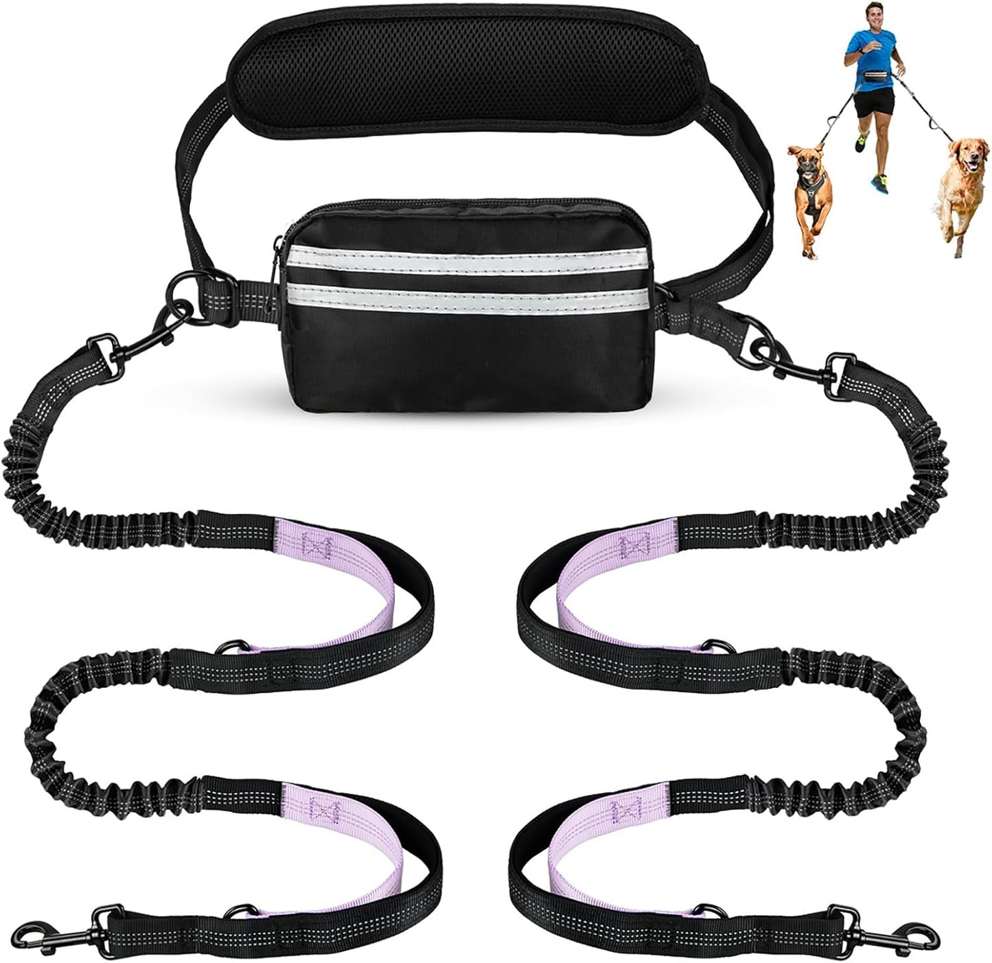Hands Free Dog Leash, Double Dog Leash with Waist Bag, Back Brace, Double Padded Handles, Running Belt Fanny Pack with Phone, Treat, (Large, 26-120 lbs) - Image 12