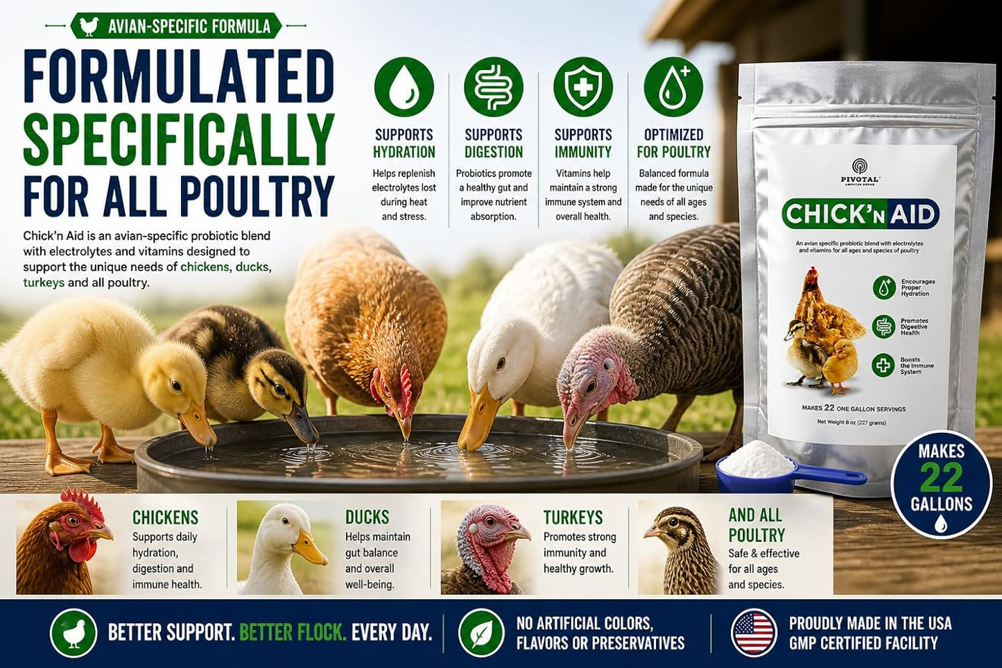 USA imported premium poultry supplement bag highlighting twenty two one gallon servings