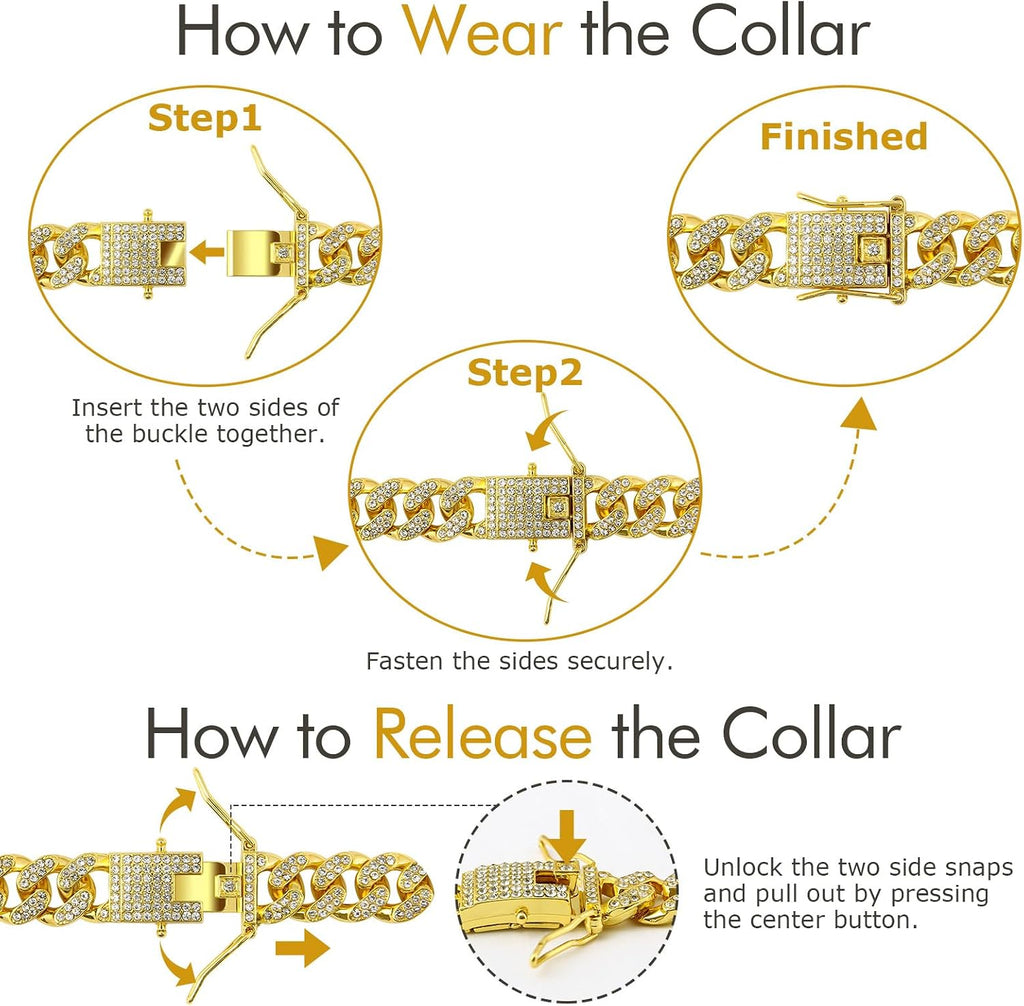 High quality metal pet necklace with diamond details highlighting the smooth interior finish that protects pet fur.