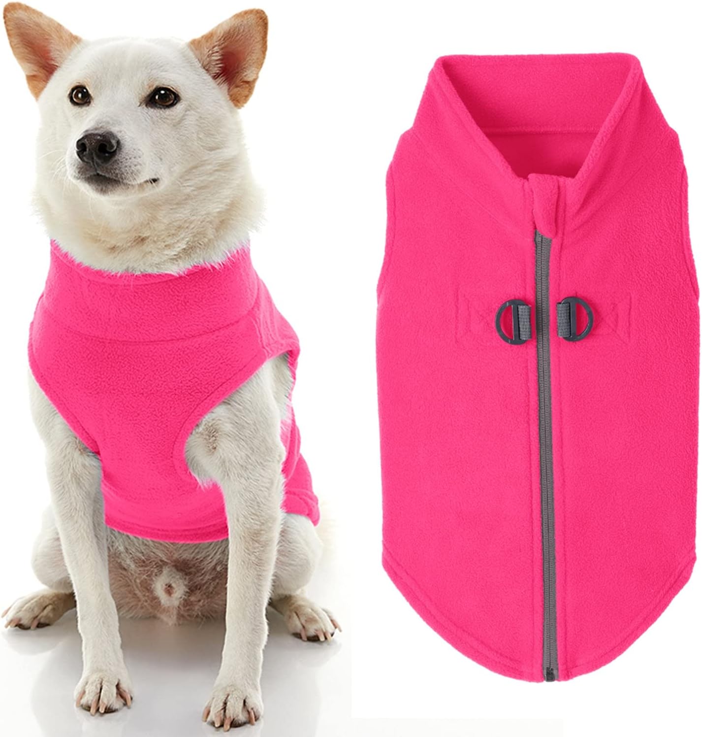 Gooby Zip Up Dog Fleece Vest in pink front view on a small breed dog