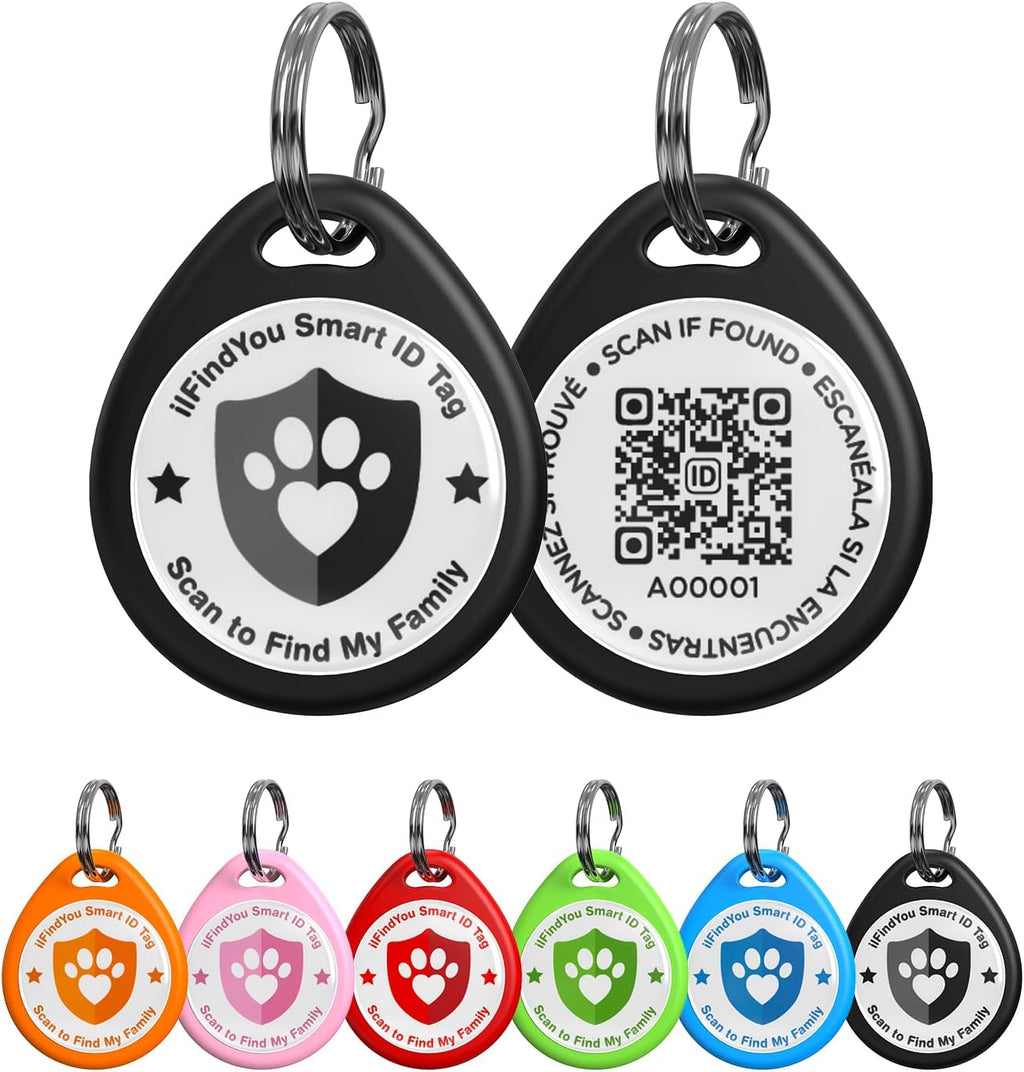 ILFINDYOU Personalized QR Code Pet ID Tag front view showing the sleek black round design on a dog collar.