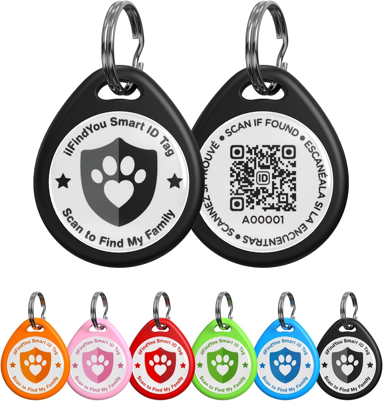 ILFINDYOU Personalized QR Code Pet ID Tag front view showing the sleek black round design on a dog collar.