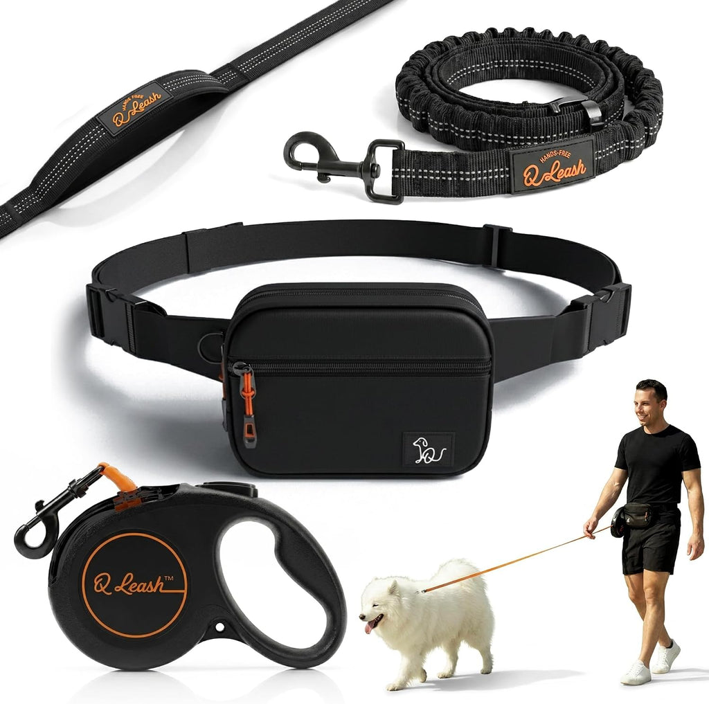 Q Leash hands free retractable dog leash front view showing black waist belt pouch and bungee lead.