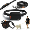 Q Leash hands free retractable dog leash front view showing black waist belt pouch and bungee lead.