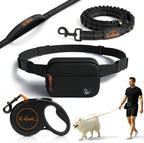 Q Leash hands free retractable dog leash front view showing black waist belt pouch and bungee lead.