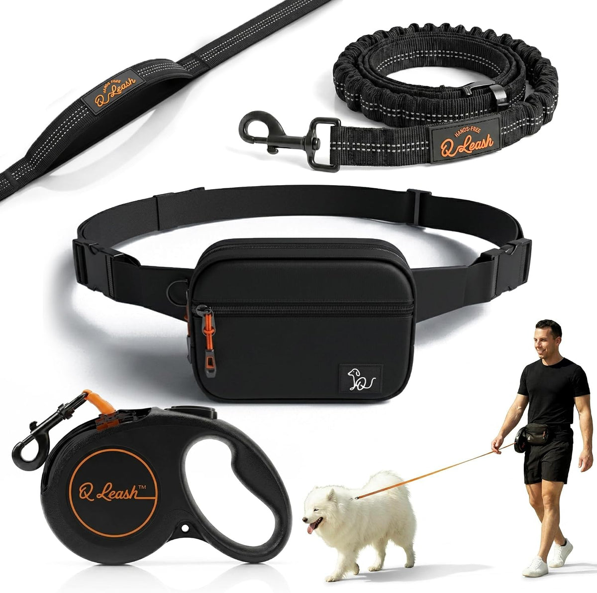 Q Leash hands free retractable dog leash front view showing black waist belt pouch and bungee lead.